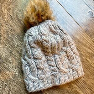 BULA Cream Knit Beanie with Faux Fur Pom